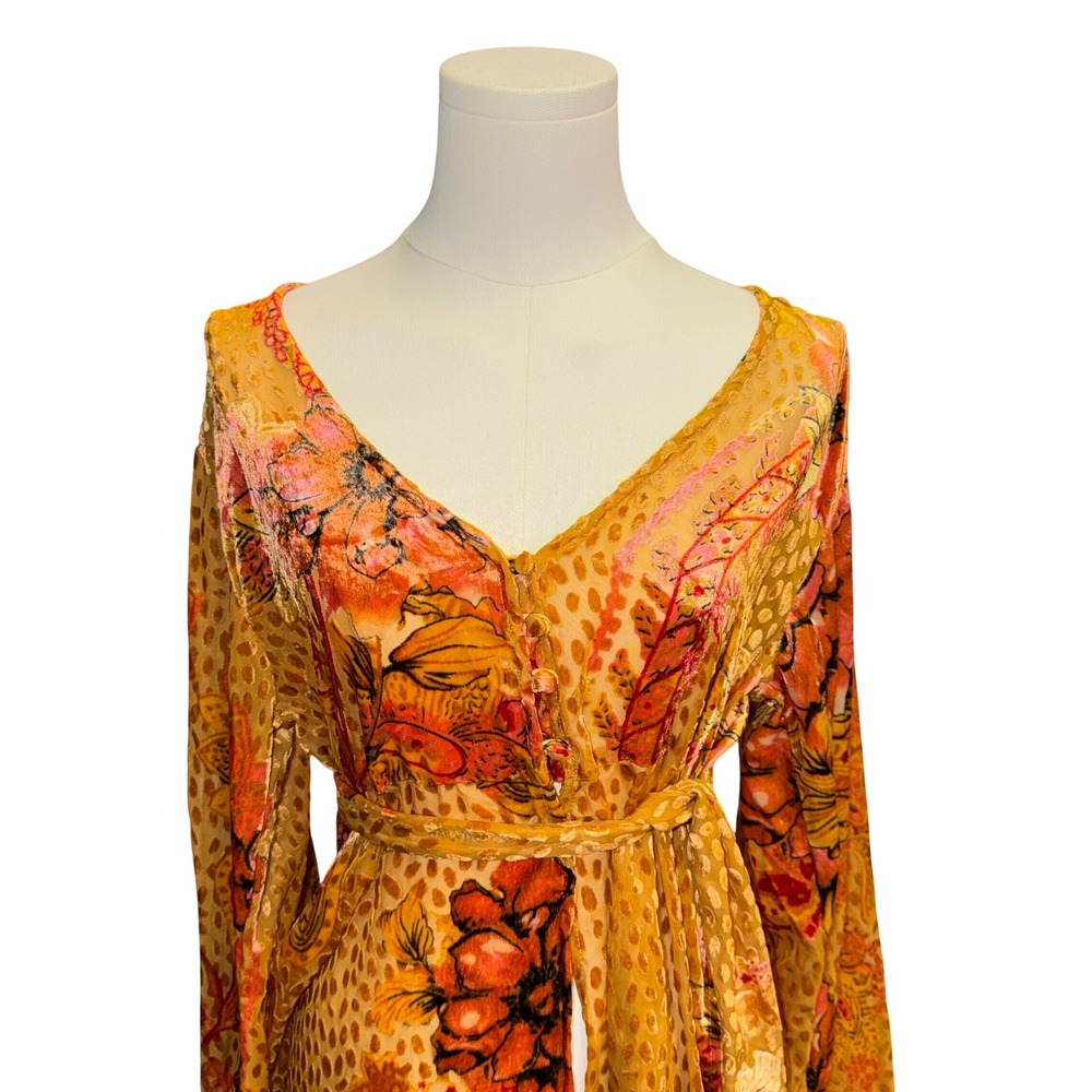 Nostalgia Devore Burnout Velvet Boho Dress Orange Floral Whimsigoth Retro 70s M - Picture 2 of 12